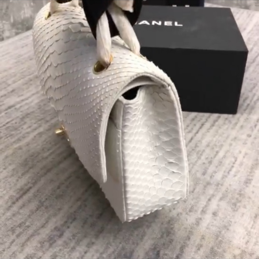 Chanel White Python Classic Flap Leather Bag